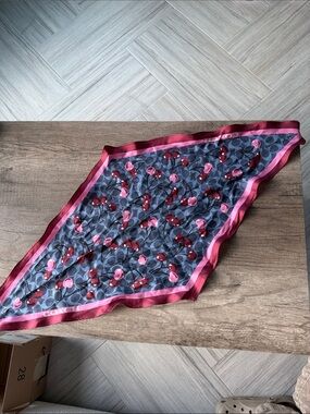 Coach Gray Logo Cherry Print Silk Scarf with Pink Border